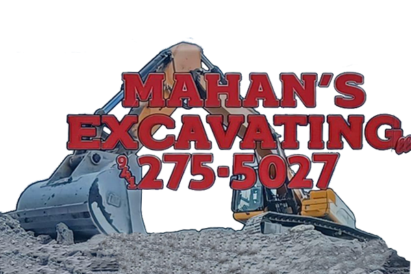 logo for mahan excavating with backhoe and company name superimposed over the backhoe which sits on a mound of dirt